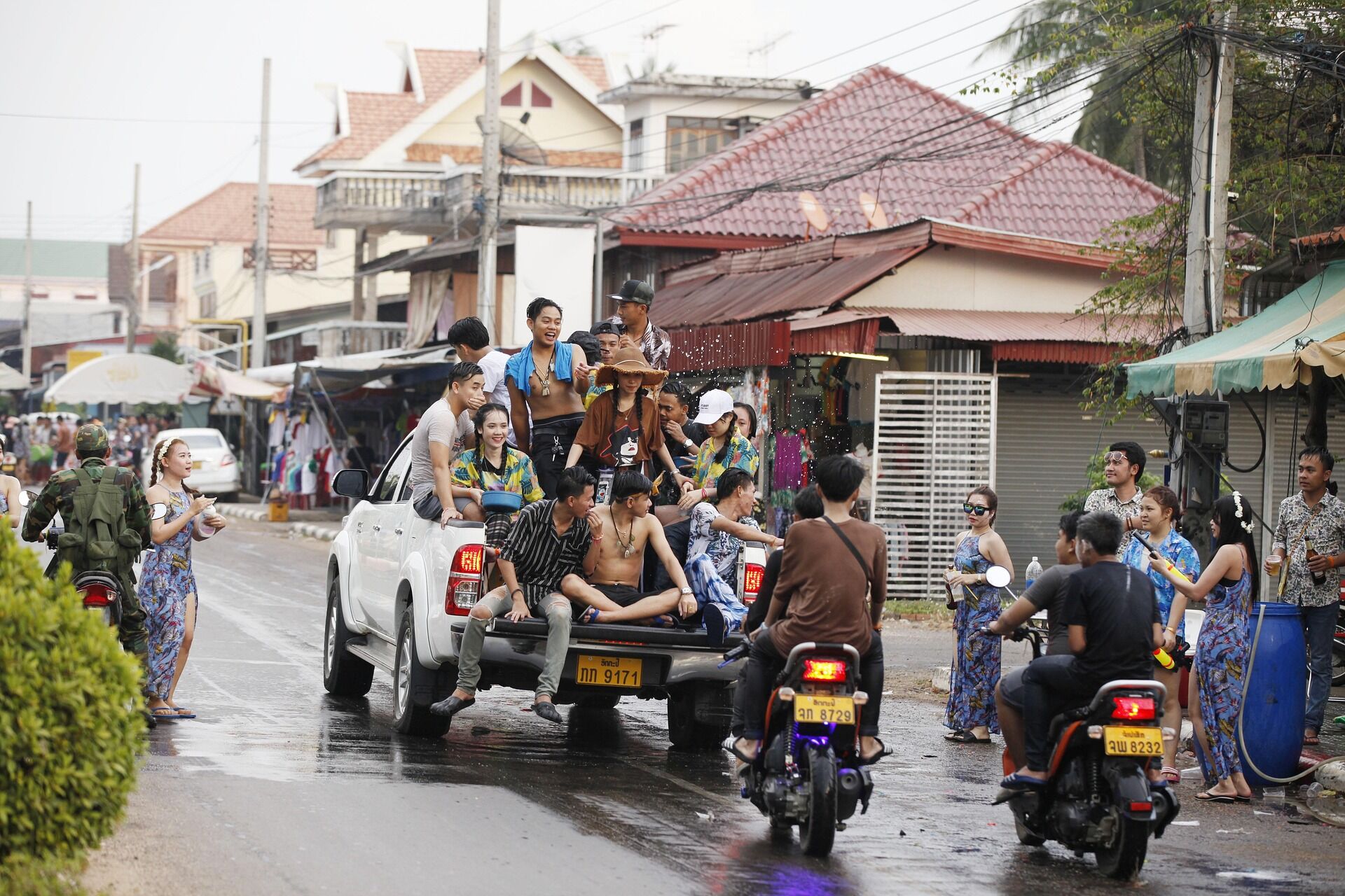 Muang Xay Laos Street locals with Water festival, Laos
